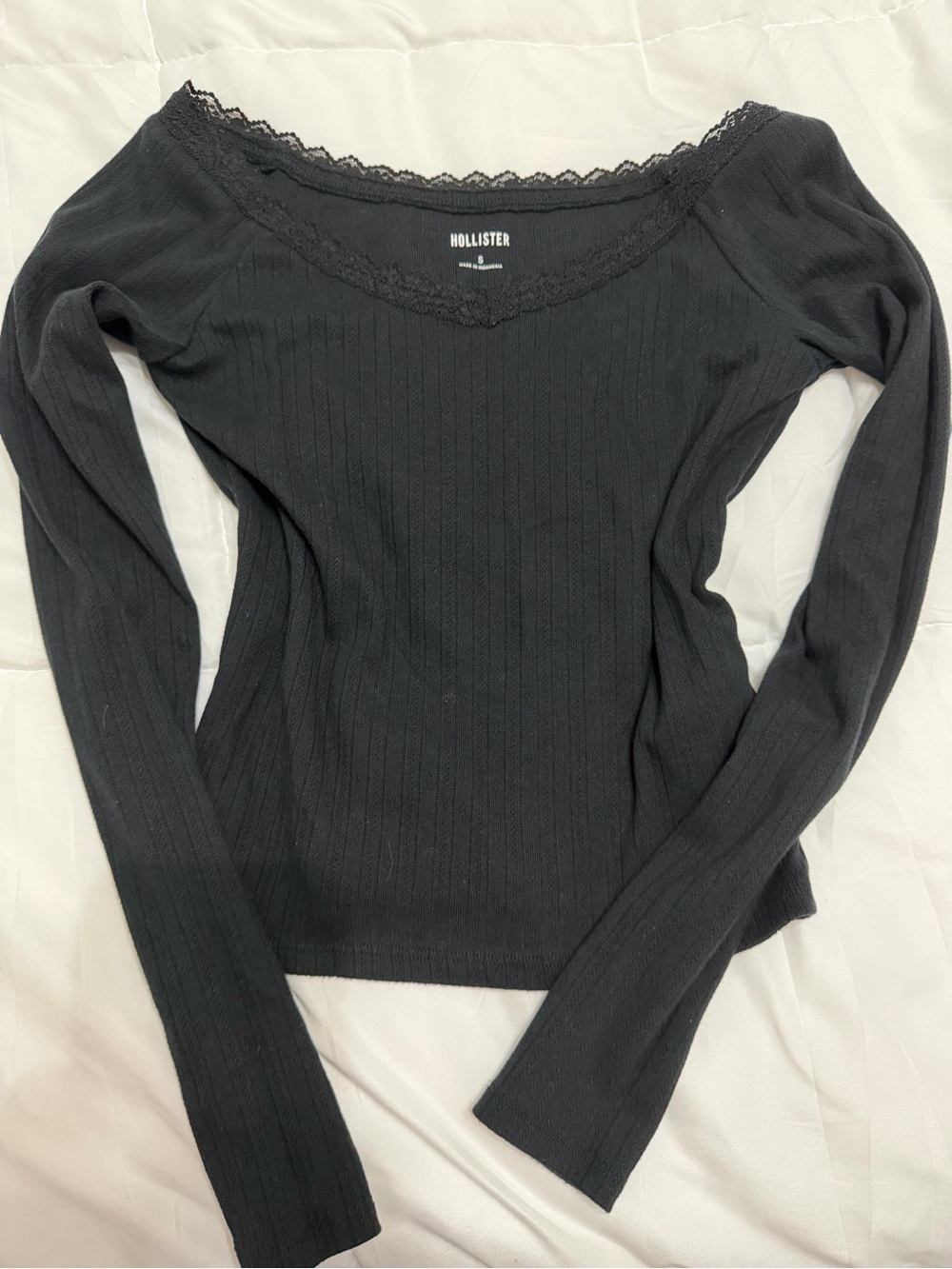 Hollister Black Ribbed Long-Sleeve Top with Lace Trim